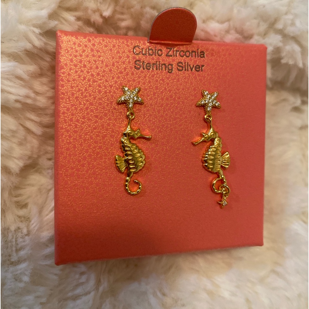 New. Rachel Zoe Seahorse Starfish Earrings. Cubic Zirconia Sterling Silver